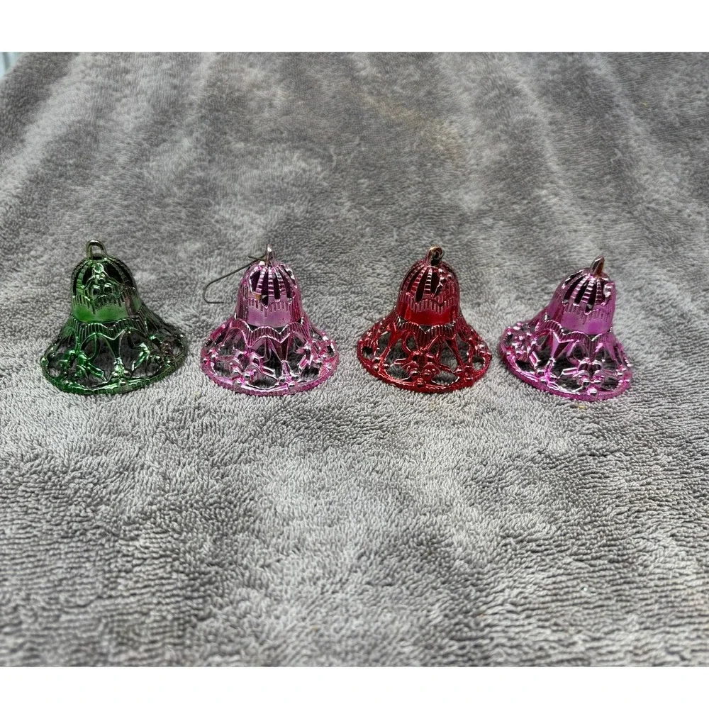 Vintage MCM Plastic Filigree Bell Christmas Ornaments Red Green Pink Lot of 4